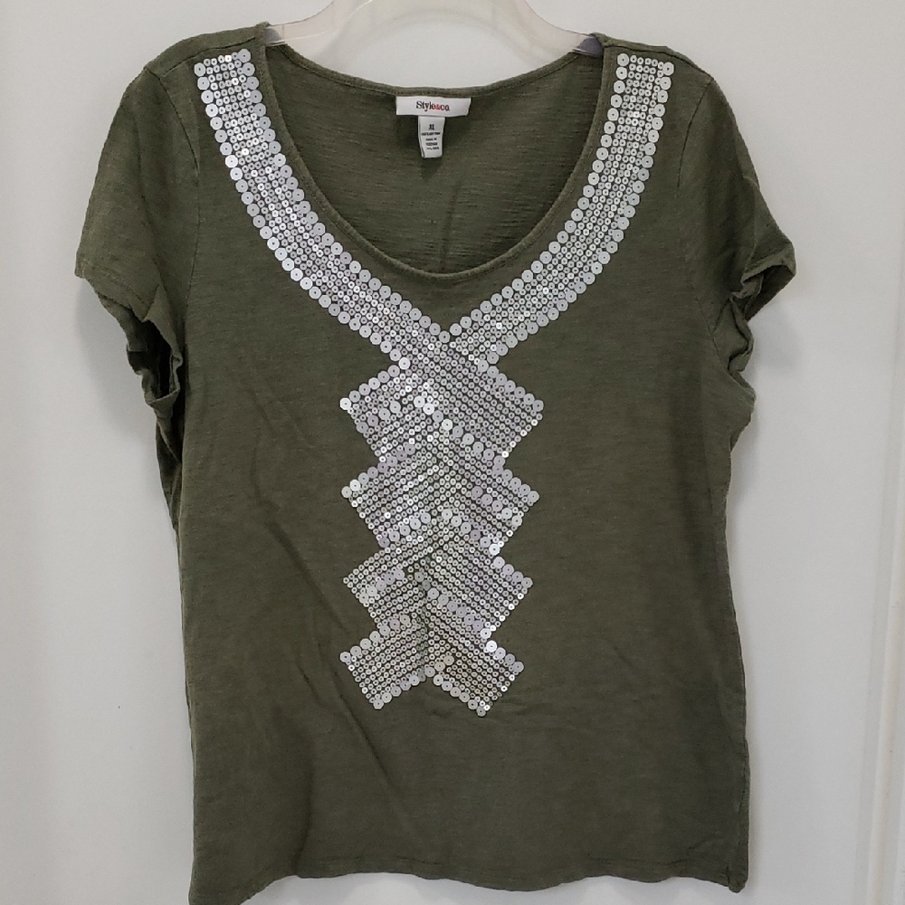 Style & Co. Olive Sequin Short Sleeve Tee
